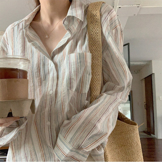 Colorful Stripe Print Button Up Long Sleeve Shirt - fairypeony