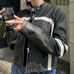 Contrast Color Piping Detail Collar Neck Leather Jacket - fairypeony