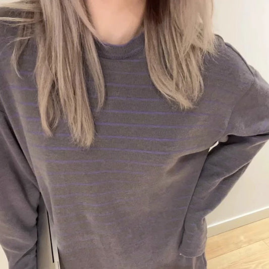 Contrast Color Stripe Oversized Long Sleeve Knit Tee