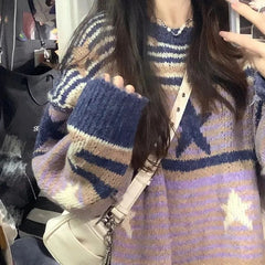 Contrast Color Stripe Star Jacquard Sweater - fairypeony