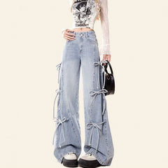 Coquette Side Bow Knot Wide Leg Jeans