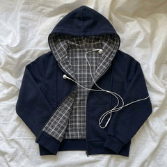 Retro Chic Plaid Hooded Zipper Sweatshirt – Loose Fit 100% Cotton Hoodie in 5 Colours
