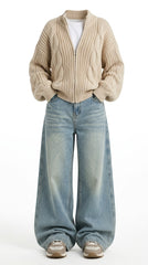 OOTD: Cable Knit Loose Zip Up Cardigan + High-Stretch Retro Hip-Hop Denim