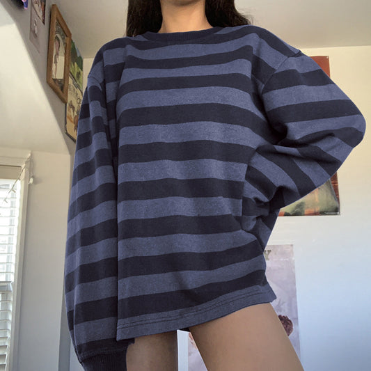 Crew Neck Striped Oversize Sweatshirt - fairypeony