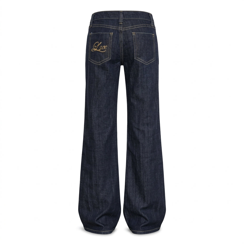 2000s Low-Rise Flared Jeans with Gold Letter Embroidery