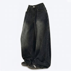Stretch Washed Denim Wide-Leg Pants – High-Waist Korean Lazy Jeans in Black and Blue
