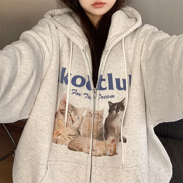 Cute Cats Print Oversized Zip Up Hoodie - fairypeony