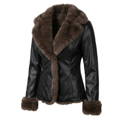 2000s Faux Fur Collar Leather Jacket – Slim Fit Black PU Jacket with Fur Trim Cuffs