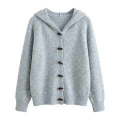 Soft Loose Hooded Cardigan – Horn Button Knit Sweater Coat in 4 Colours One Size
