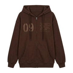 Thick-Fabric Printed Zipper Hooded Sweatshirt – Fleece-Lined Retro Campus Hoodie in 4 Colours