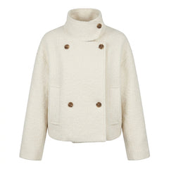 Short Woolen Coat – Double-Breasted Cotton-Lined Tweed Jacket in White and Black