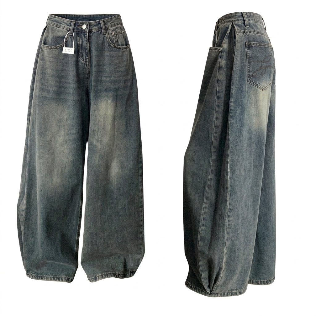 Pleated High-Waist Wide-Leg Jeans – Drapey Slimming Flared Denim Trousers - fairypeony