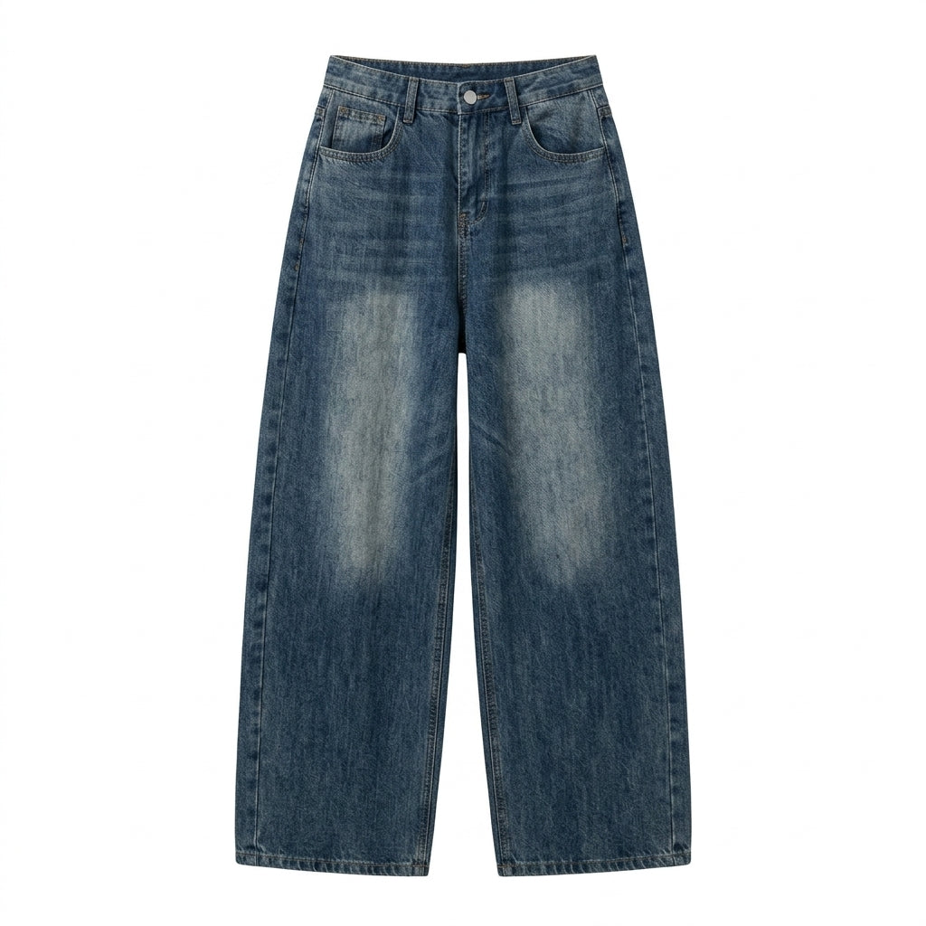 Side-Pleated Wide-Leg Denim Pants – Mid-Waist Distressed Wash Straight Jeans - fairypeony