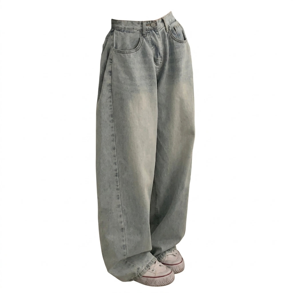Side-Pleated Wide-Leg Denim Pants – Mid-Waist Distressed Wash Straight Jeans - fairypeony