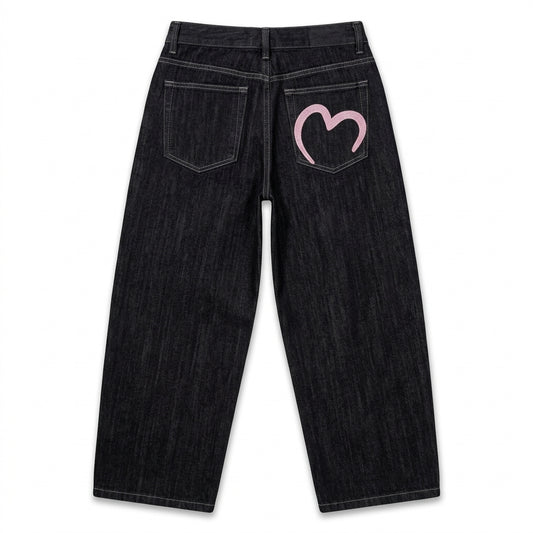 2000s Loose Wide-Leg Flared Jeans – Heart Pocket Black Denim S–L