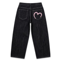 2000s Loose Wide-Leg Flared Jeans – Heart Pocket Black Denim S–L