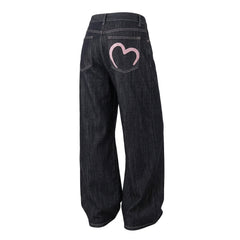 2000s Loose Wide-Leg Flared Jeans – Heart Pocket Black Denim S–L