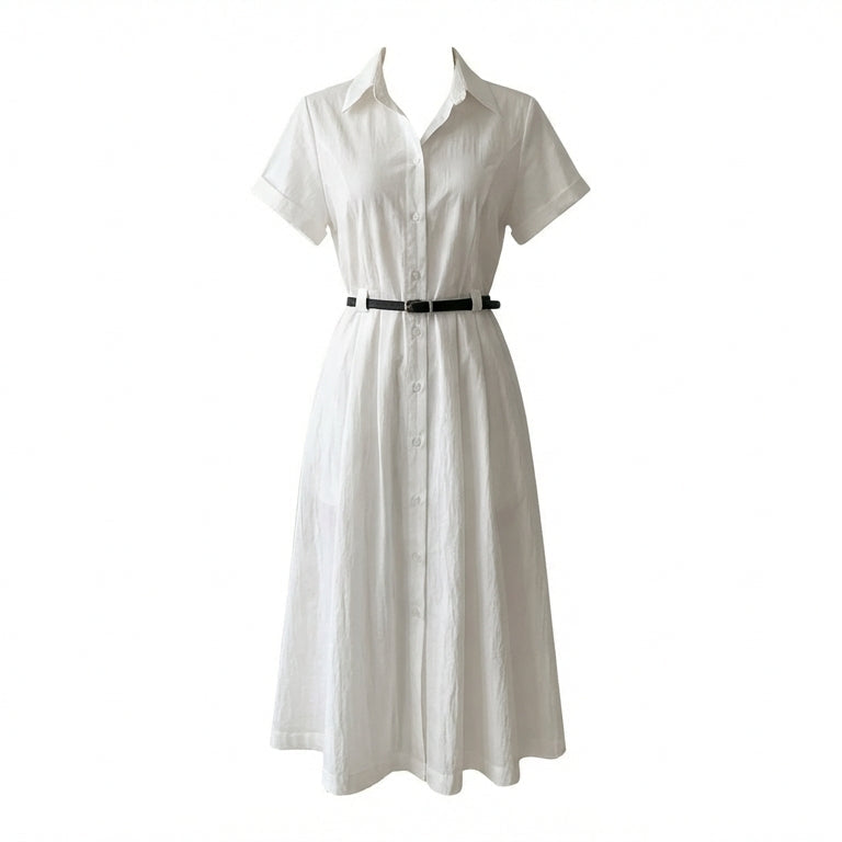 Solid Color Polo Collar Belted Dress - fairypeony