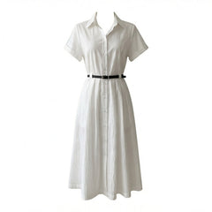 Solid Color Polo Collar Belted Dress - fairypeony