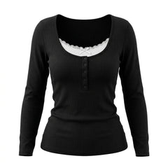 2000s Lace Panel Knit Top – Square Neck Button Detail in 4 Colours S–L