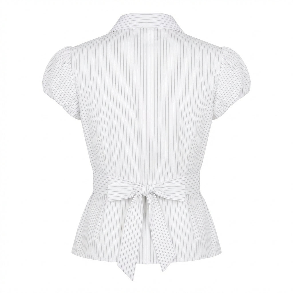 Vintage Striped Puff Short Sleeve Blouse - fairypeony
