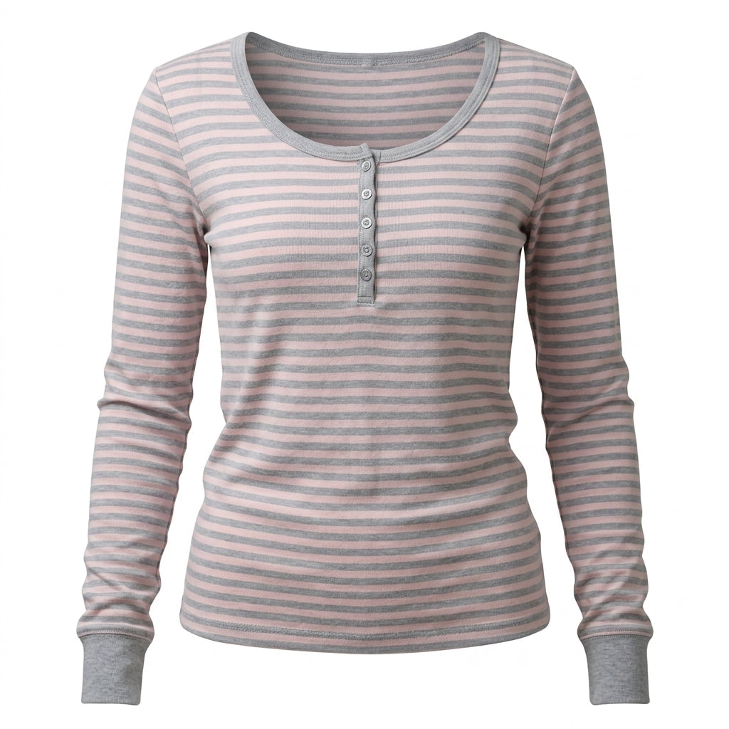 2000s Long Sleeve Striped Knit Henley Top