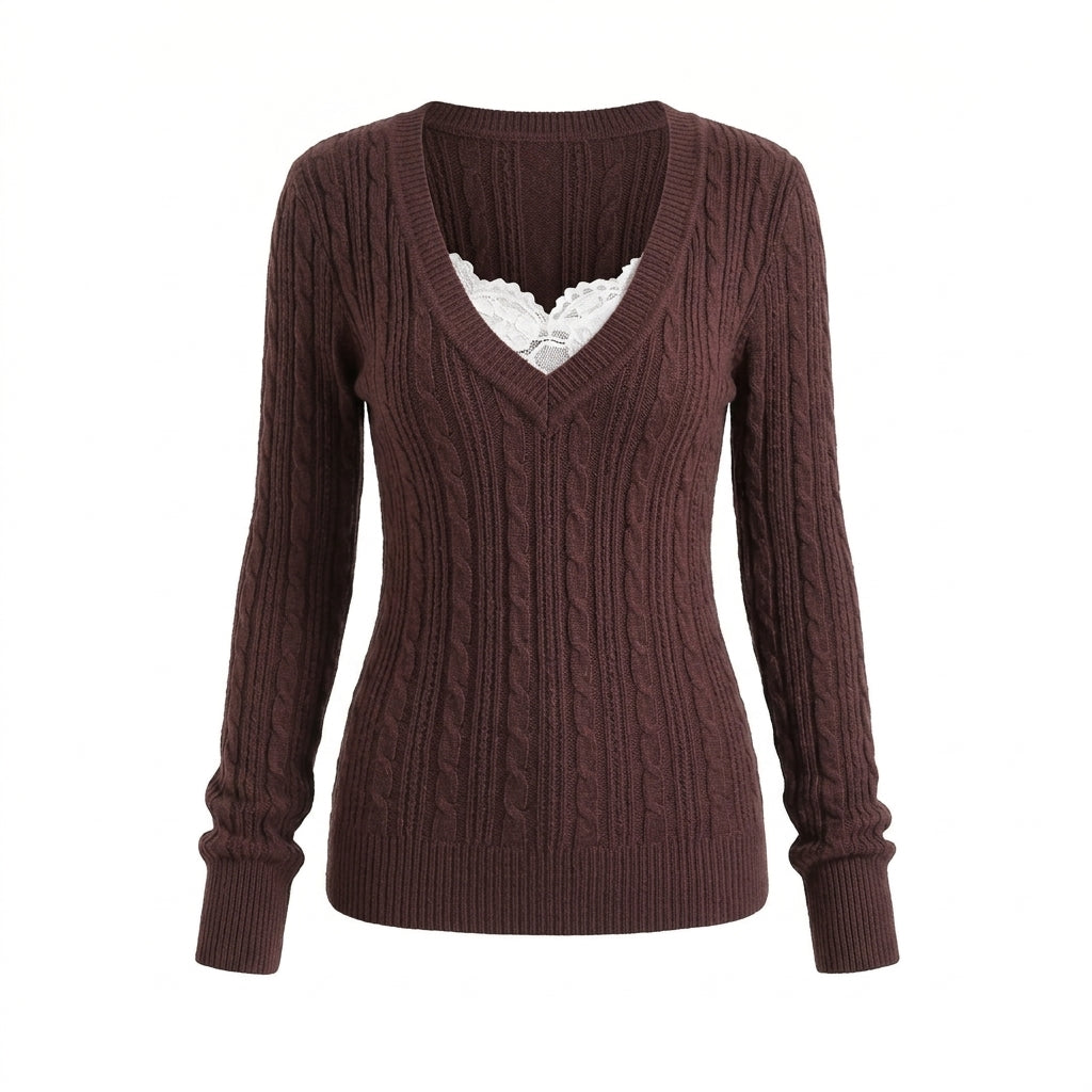 2000s Deep V-Neck Cable Knit Slim Pullover Sweater