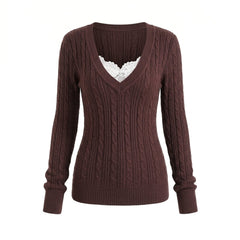 2000s Deep V-Neck Cable Knit Slim Pullover Sweater