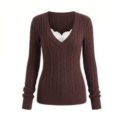 2000s Deep V-Neck Cable Knit Slim Pullover Sweater – Burgundy S–L
