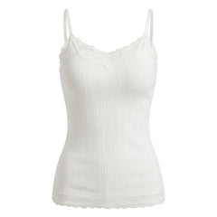 2000s Vintage Lace Trim Camisole Top – Off-Shoulder Sleeveless Slim Fit Tank in White