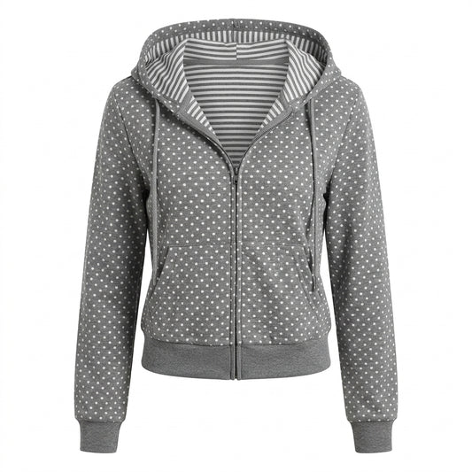 2000s Polka Dot Zip-Up Cropped Hoodie Jacket – Striped Hood Lining S–XL
