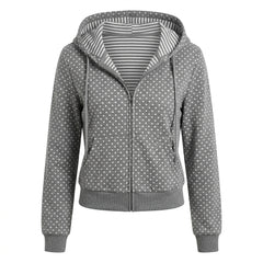 2000s Polka Dot Zip-Up Cropped Hoodie Jacket – Striped Hood Lining S–XL