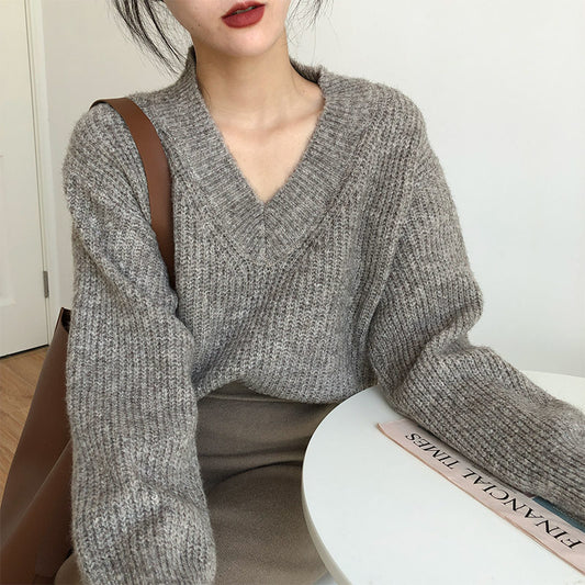 Dark Academia V-Neck Loose Sweater - fairypeony