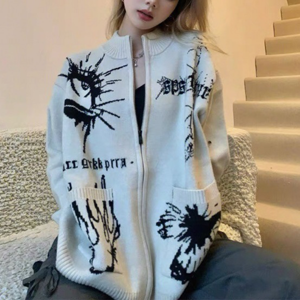 Different Print Big Pocket Knit Cardigan - fairypeony