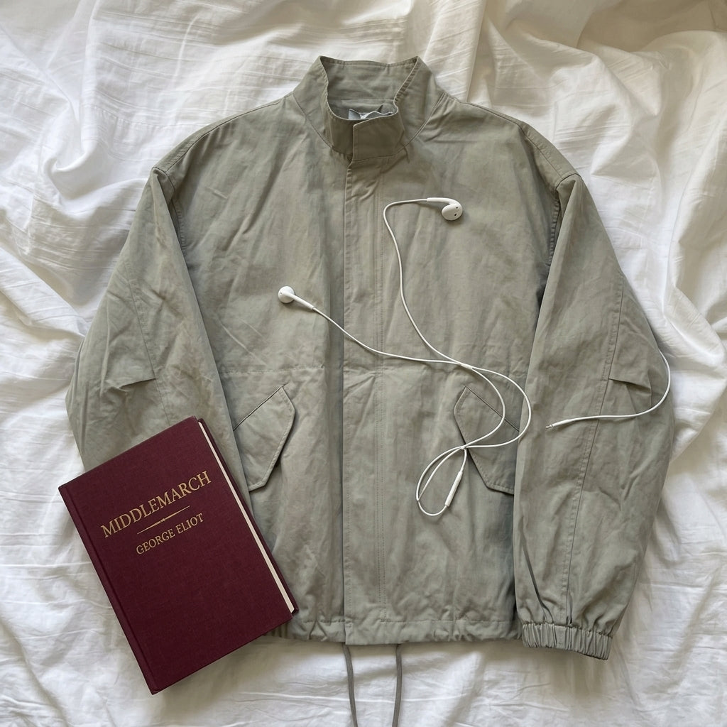 A light olive-gray utility jacket is laid flat on white bedding, styled with a burgundy book titled 'MIDDLEMARCH' and white wired earbuds.