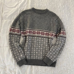 2000s Snowflake Grey Loose Pullover Knit Sweater – Fair Isle Nordic Pattern One Size