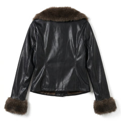 2000s Faux Fur Collar Leather Jacket – Slim Fit Black PU Jacket with Fur Trim Cuffs