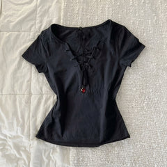 2000s Retro Lace-Up Cotton Short Sleeve T-Shirt