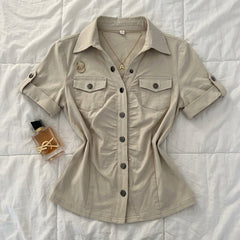 2000s Slim Fit Long Sleeve Knit Button-Down Shirt – Fitted Lapel Collar Top