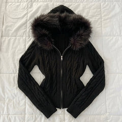 2000s Faux Fur Trim Cable Knit Zip-Up Short Coat