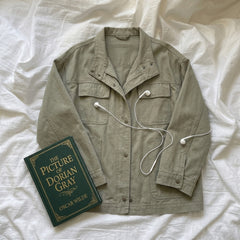 Stand Collar Long-Sleeve Coat – Snap Button Washed Cotton Jacket in 3 Colours