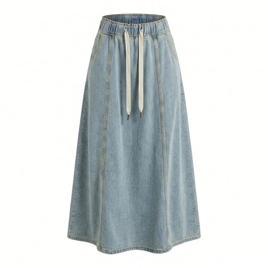 Elastic Waist Drawstring Flared Denim Maxi Skirt