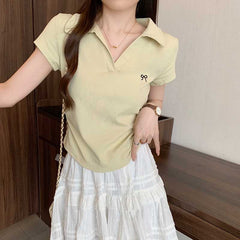 Embroidered Bow Polo Collar Short Sleeve Tee