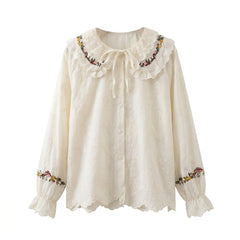 Embroidered Doll Collar Long Sleeve Blouse