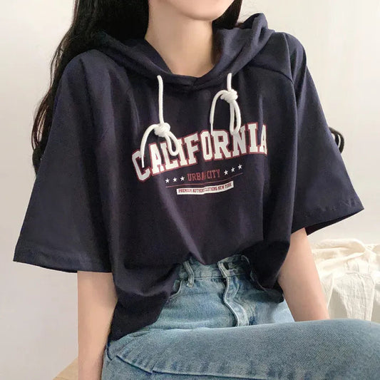 Embroidered Letter Short Sleeve Hooded Tee