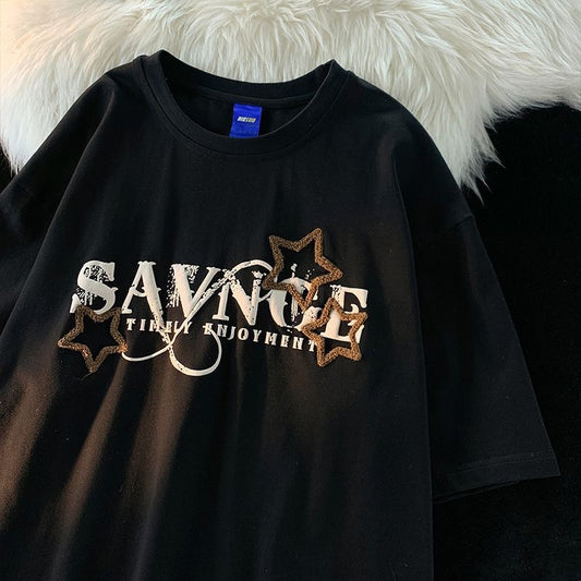 Embroidery Star Oversized Short Sleeve Tee - fairypeony