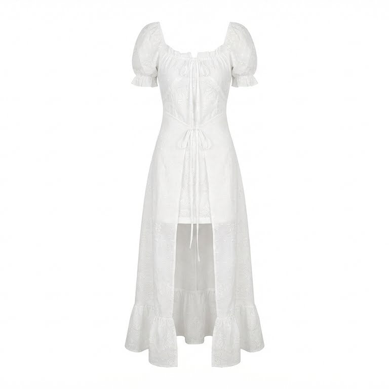 White dress with puff sleeves on a white background