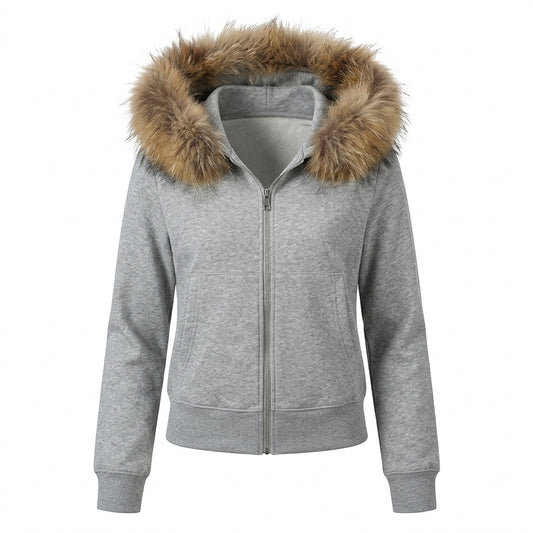 Faux Fur Collar Zip-Up Hoodie