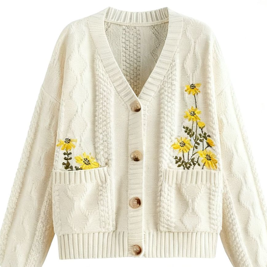 White cardigan with yellow floral embroidery on a white background