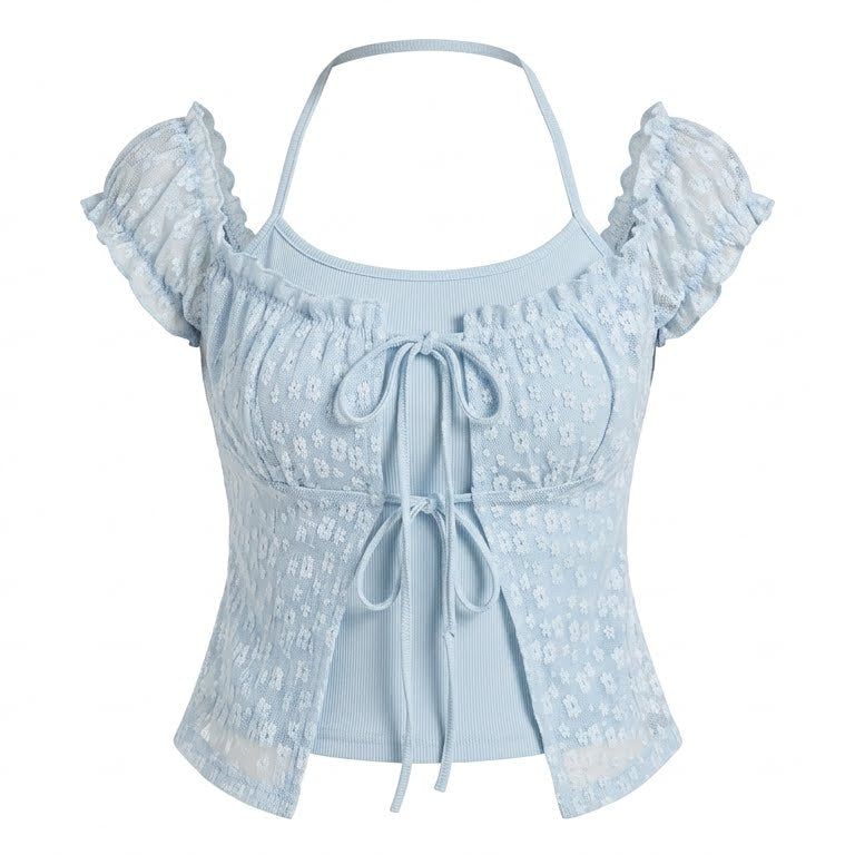 Light blue lace top with ruffled sleeves on a white background